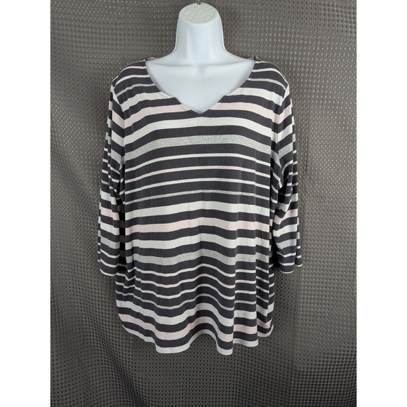 croft & barrow Tops - Croft & Barrow Womens 2X Striped 3/4 Sleeve Notched V-Neck Knit Top Grey Pink